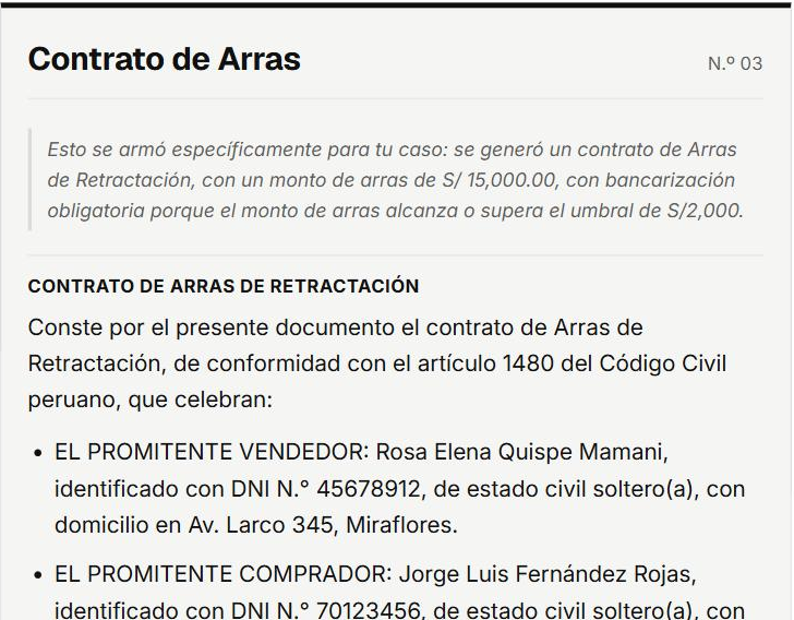 Contrato de Arras generado con datos de ejemplo: partes, DNI, domicilio y la cláusula de bancarización